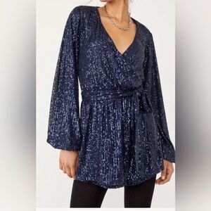 Free People Navy Sequin Christa Wrap Romper